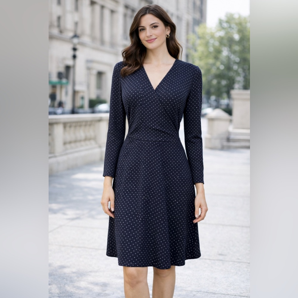 LOFT Dress 12 Navy Blue White Polka Dot Stretch Career Church NWT Washable